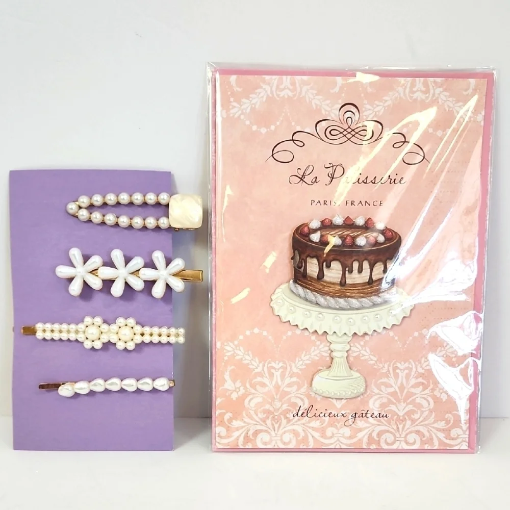 Pearl Cake Birthday Card + Set Of 4x (four) Hair Clips Burgoyne KJS Industrie